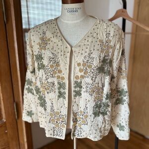 LaBellum By Hillary Scott Cream Cardigan with Green and Gold Floral Embroidery